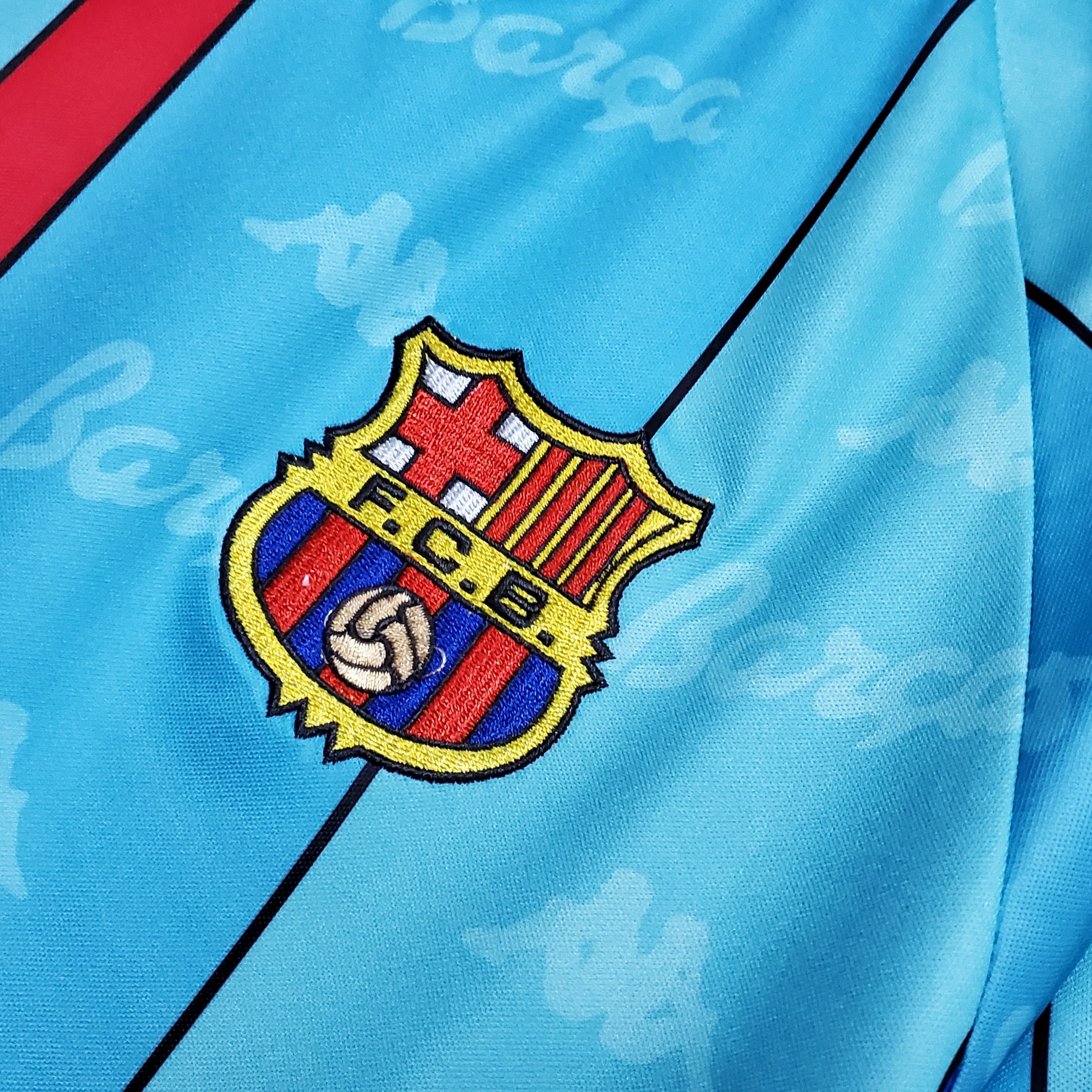 1990s Barcelona Retro Football Shirt | Sky Blue Red Home