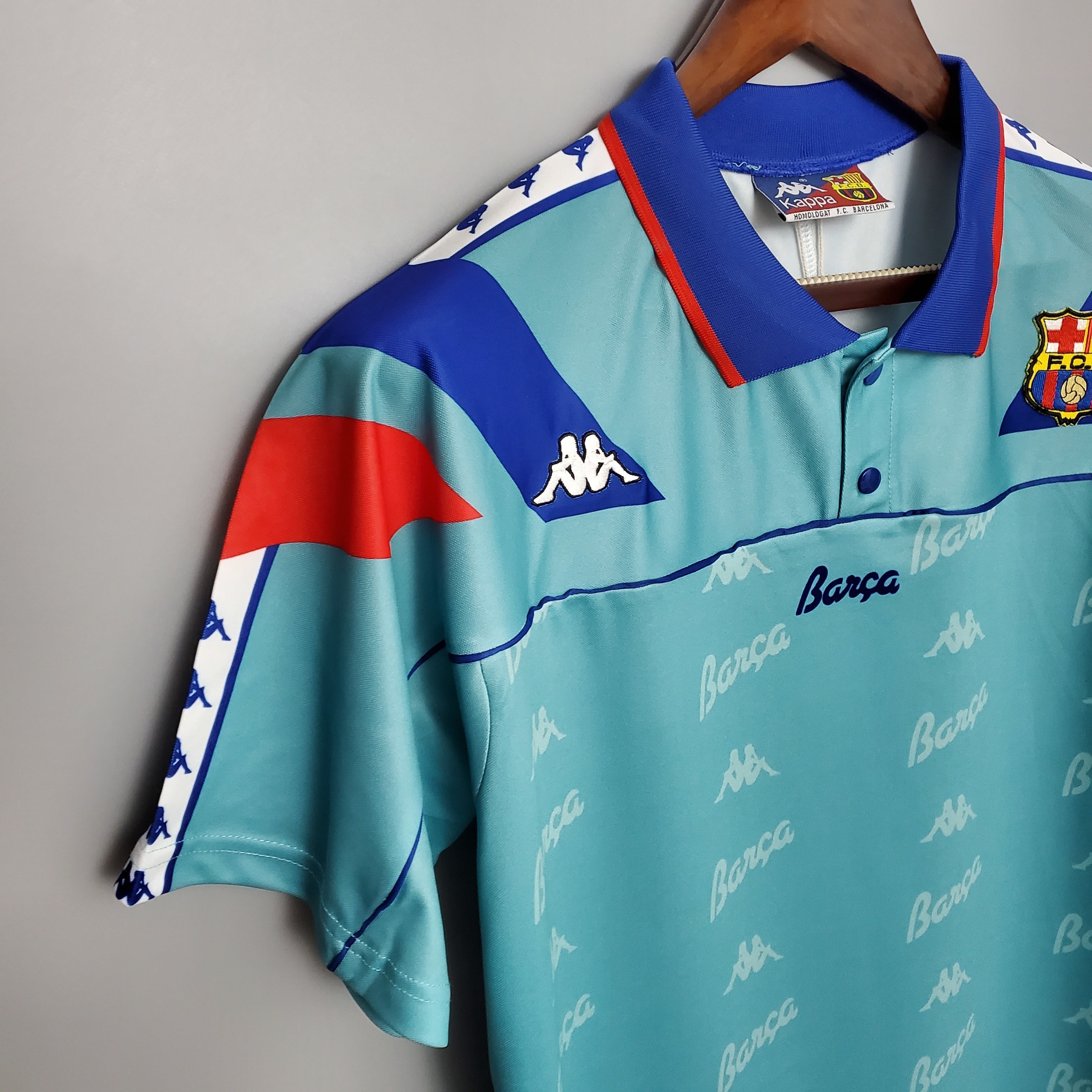 1990s Barcelona Retro Football Shirt | Aqua Blue Red Home