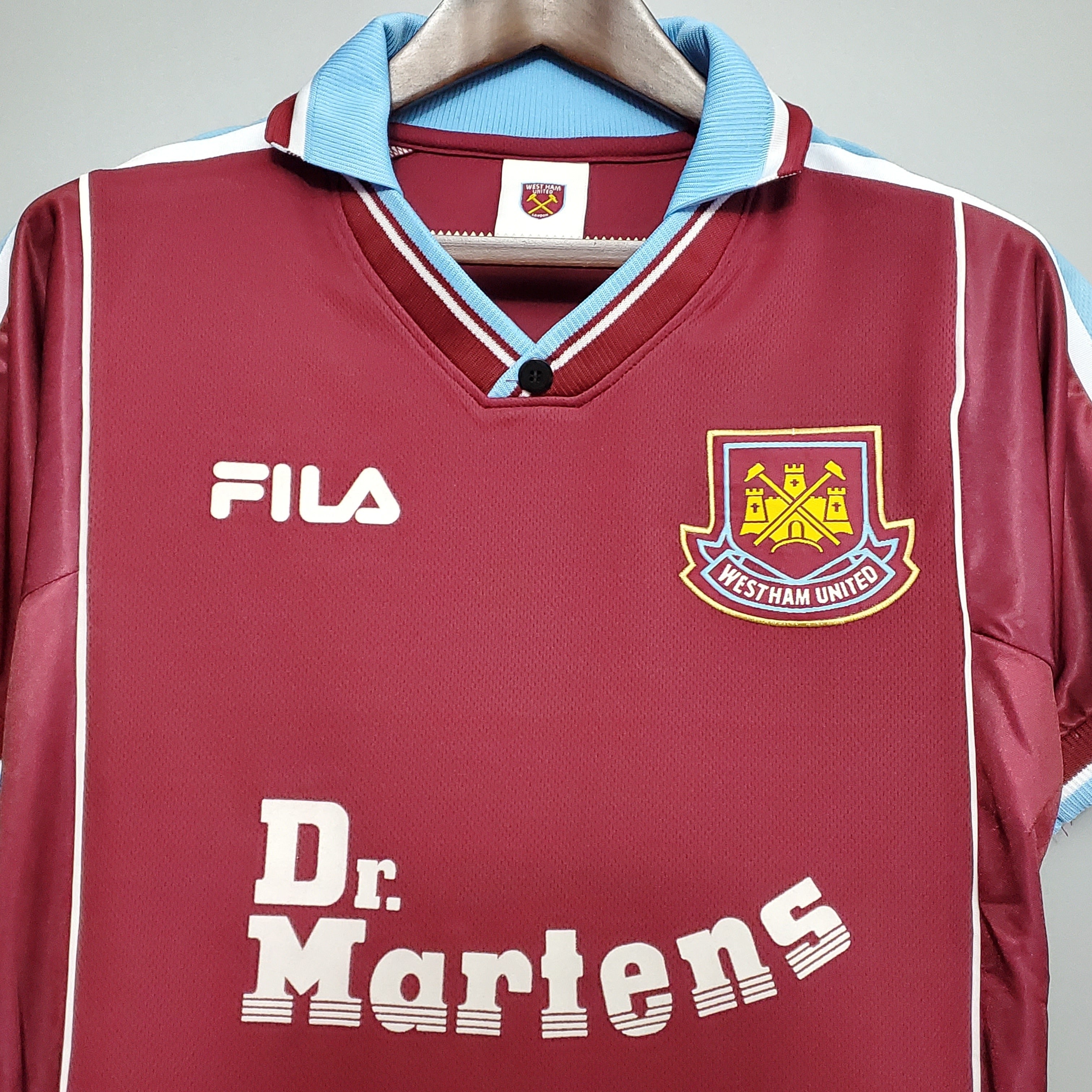 1990s West Ham United Retro Football Shirt | Claret Sky Blue Home